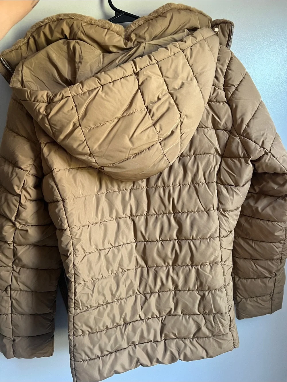 Michael Kors Tan Quilted Puffer Jacket with Faux Fur Collar